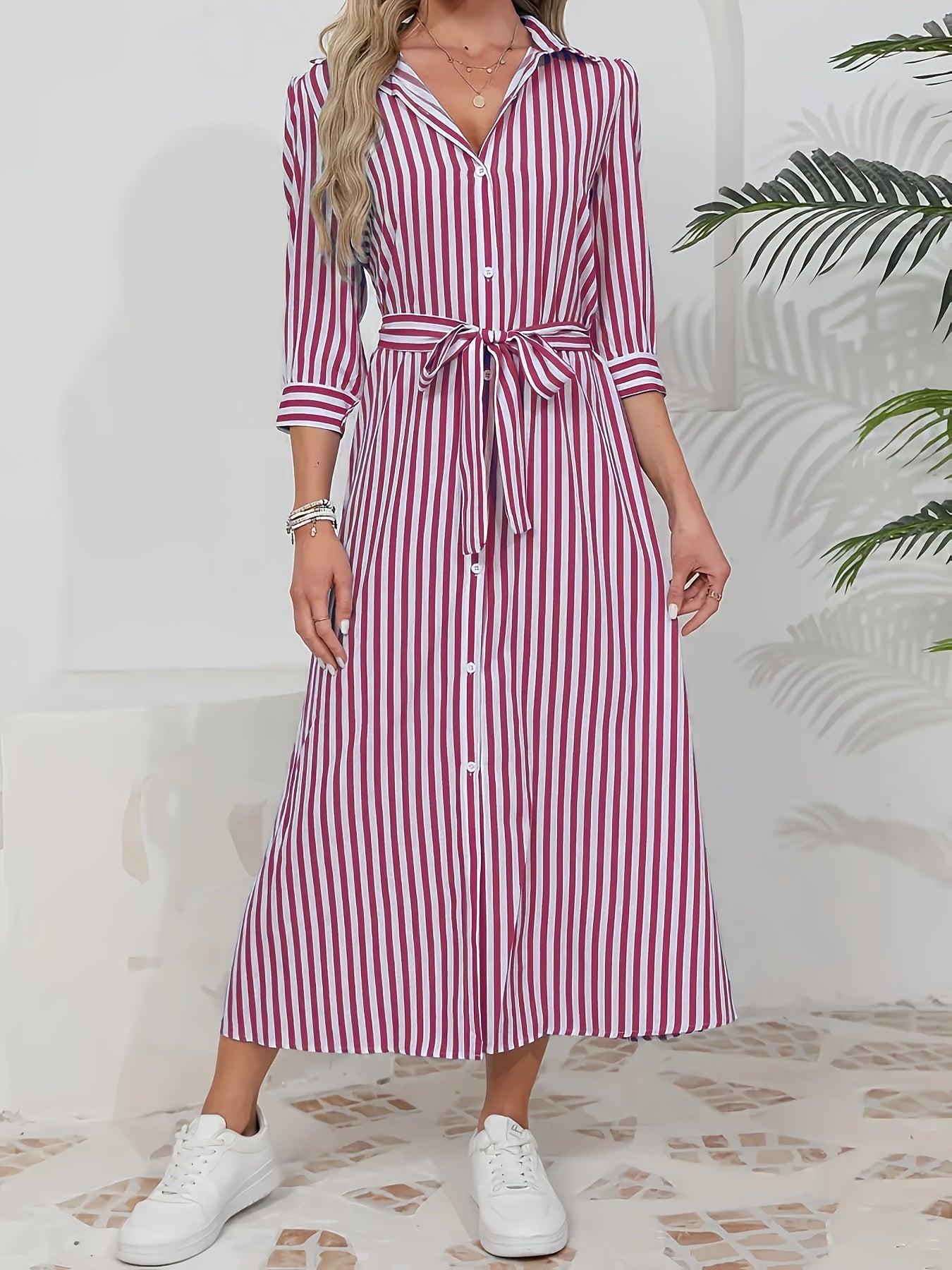 Elegant Long Sleeve Striped Shirt Dress with Waist Tie - Casual Commute Fashion for Women, All-Season Comfort, Three-Quarter Sleeve, Button-Up, Casual Attire | Stylish Casualwear | Polo Collar Dress